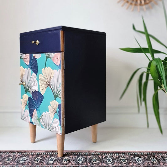 Mid Century Cabinet with original handles made by British Maker Lebus and refinished with inky blue and ginkgo decoupage.
