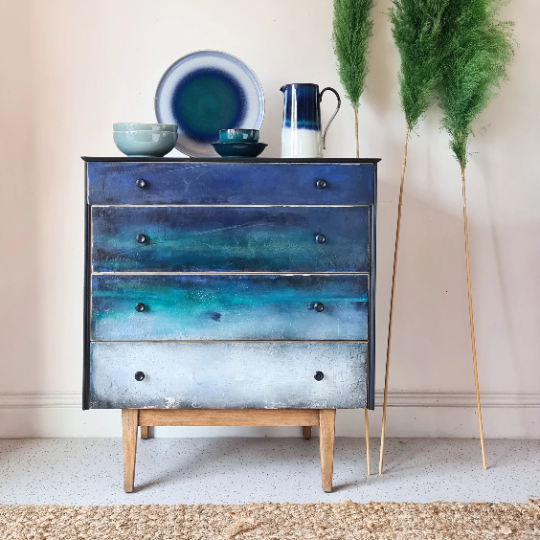 Mid Century Denby textured Chest of Drawers with abstract design by Chloe Kempster