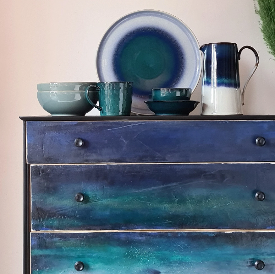 Mid Century Denby textured Chest of Drawers with abstract design by Chloe Kempster