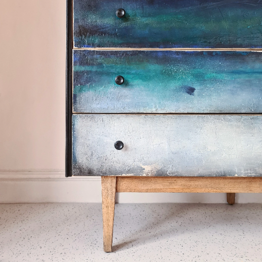 Mid Century Denby textured Chest of Drawers with abstract design by Chloe Kempster